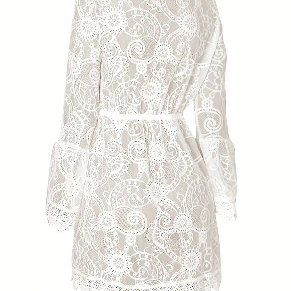 White Boho Women's Solid Color Lace Panel Deep V Neck Dress - Picture 3 of 5